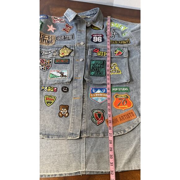 Embroidered Patch Button Up Long Sleeve Denim Jacket Shacket Hip Hop Streetwear - Picture 9 of 11